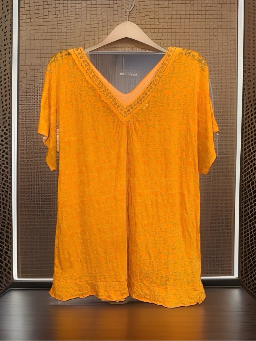 RXB Women’s Mustard Yellow V-Neck Gold Embelished Trim Tunic-L-EC